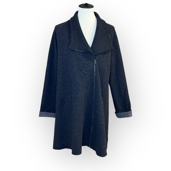 Eileen Fisher Stand Collar Coat Felted Merino Double Knit Asymmetric Zip Sz L - Picture 1 of 12
